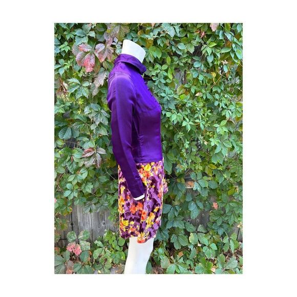 60s Scooter Dress Royal Purple Satin & Multicolor Floral Velvet Drop Waist Sm - Picture 12 of 16